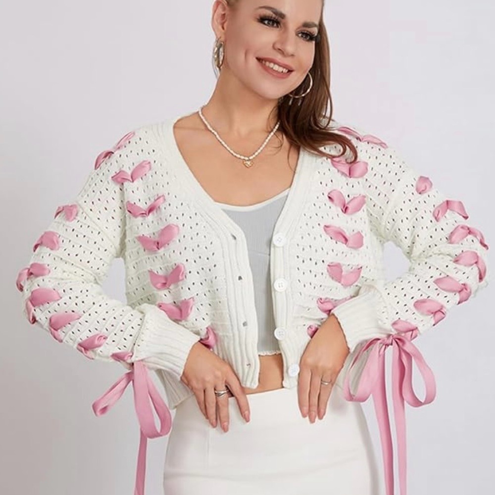 Fashion Nova White And Pink Cardigan Bows And Ribbons